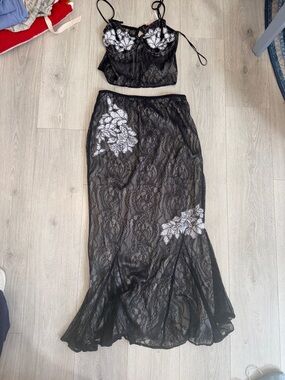 Free People Black Lace Two-Piece Set with White Floral Appliqué